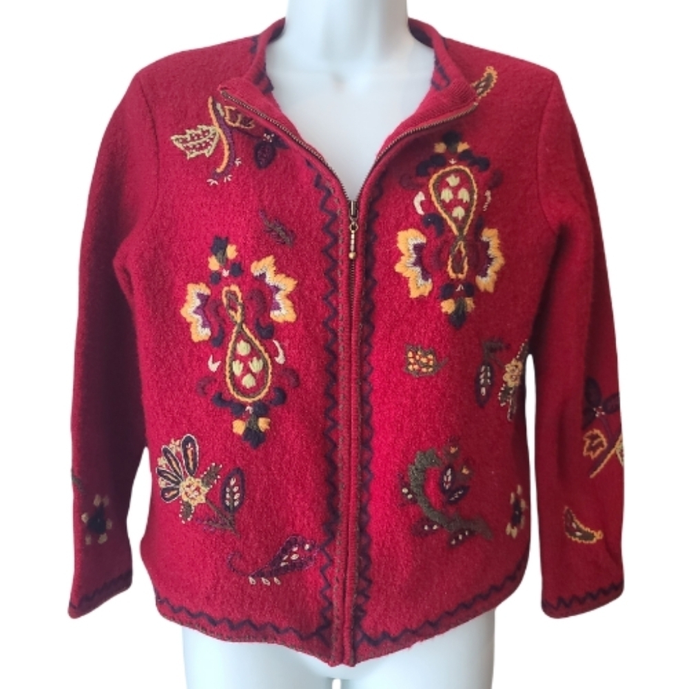 Vintage Wool Jacket Cardigan Blazer Women Sz Small Embroidery Artsy Unique Red